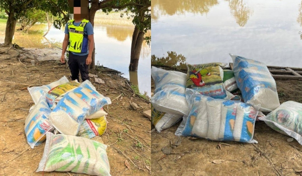 Polis menemui puluhan kampit beras diseludup masuk dari negara jiran/Foto Facebook PGA